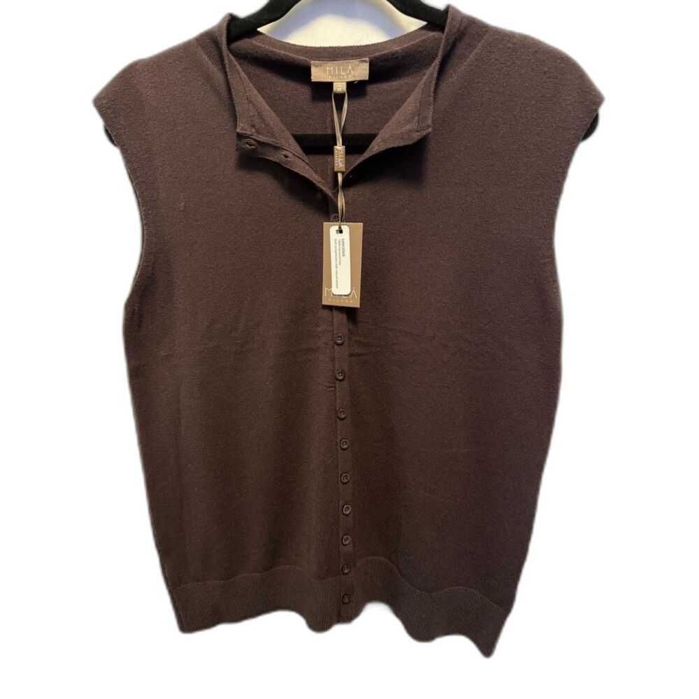 Mila Milano Chocolate Brown Button Front Sweater Vest M Quiet Luxury Minimalist